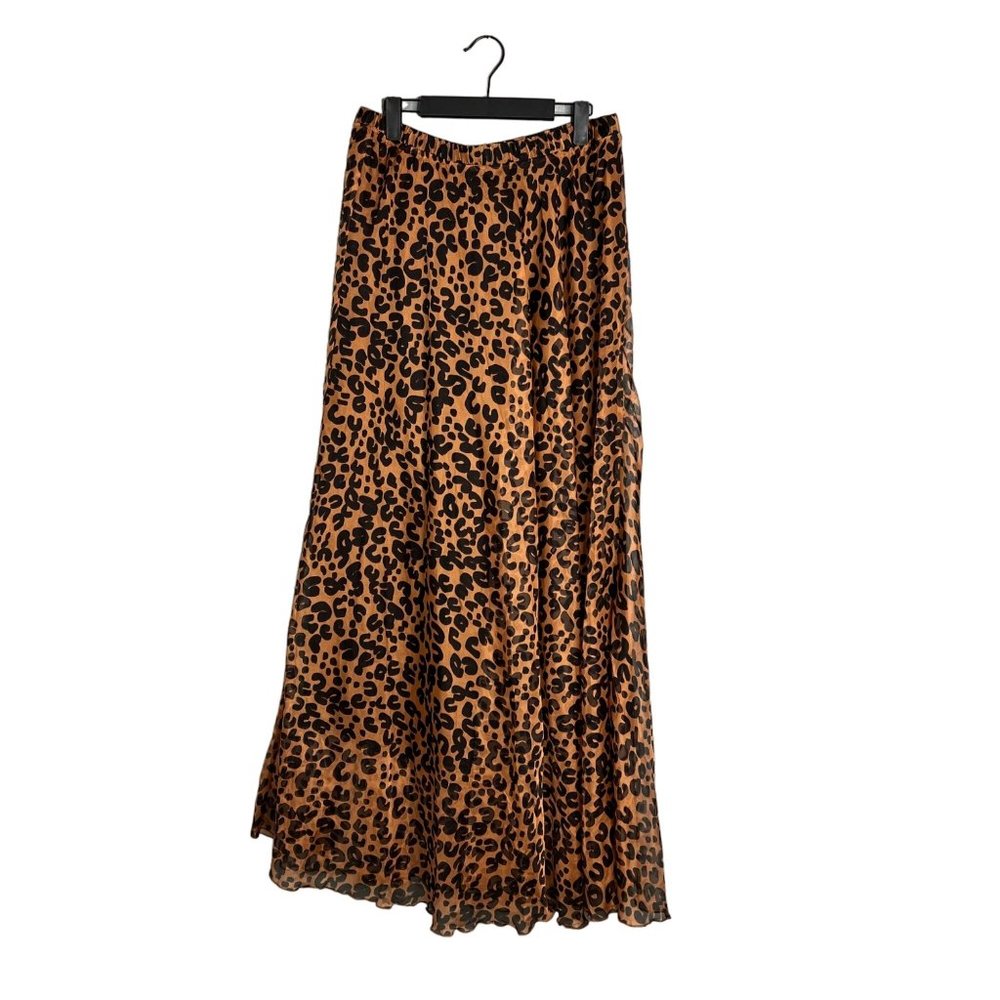 Leopard Print Silk Pull On Maxi Skirt Brown Black Flowy Lined Large
